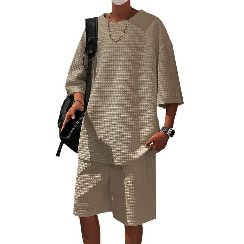 Stylish men's shorts loose short sleeve suit in beige, perfect for casual wear and outdoor activities.
