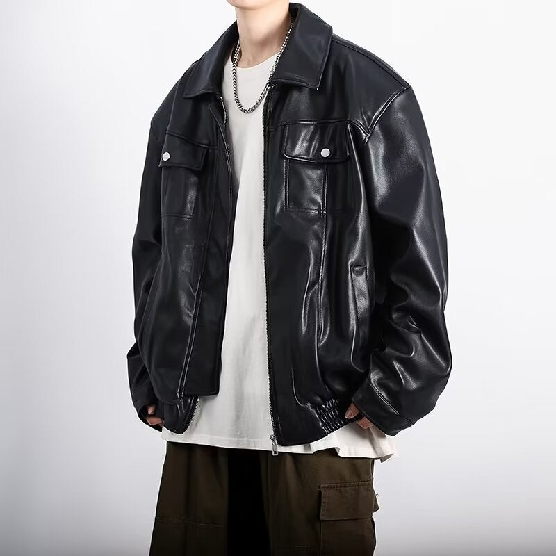 CLOTHES Retro Textured Motorcycle Leather Jacket for Men