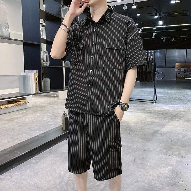 Shorts Men's Fashion Striped Shirt Jacket Set by INSANITY BEAST