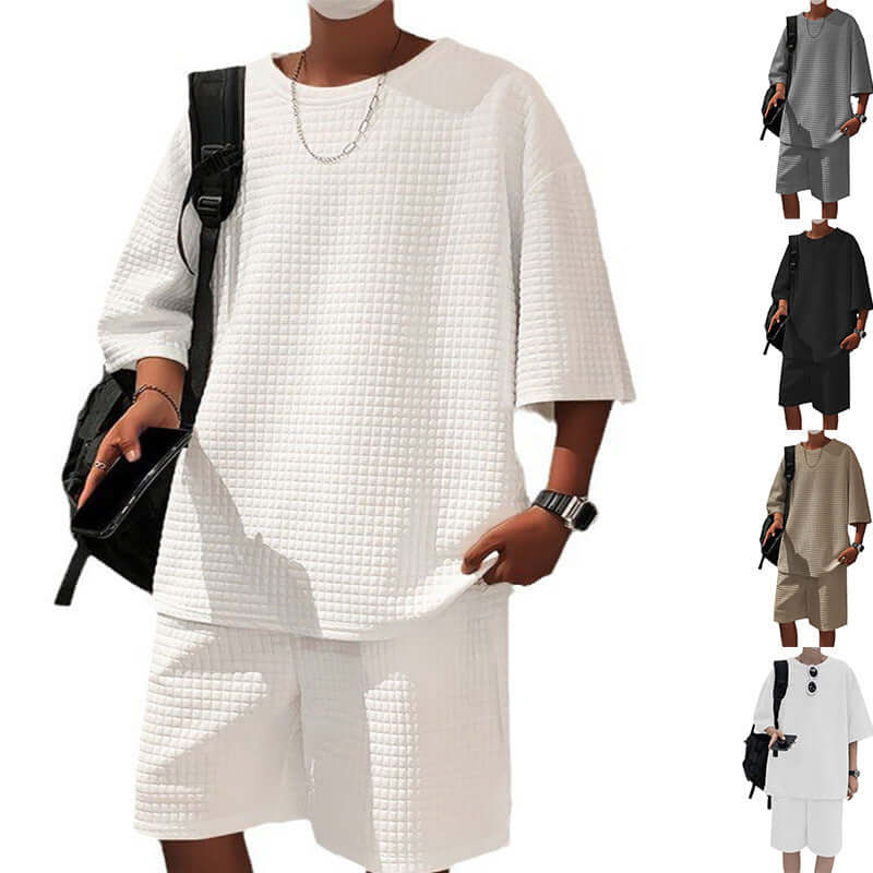 Loose short sleeve suit men in white featuring comfortable shorts, ideal for relaxed fashion and everyday wear.